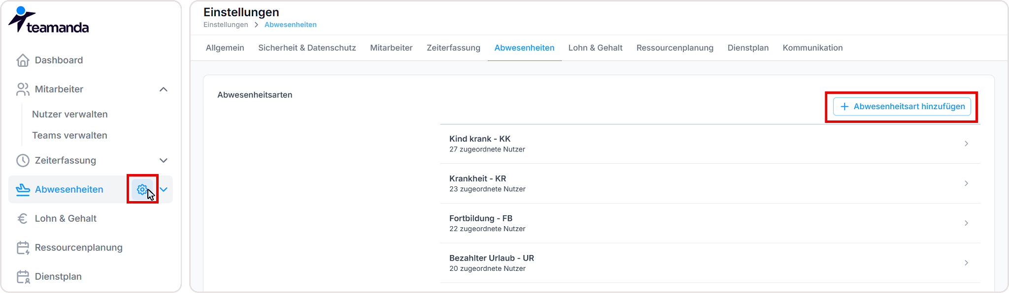 Abwesenheitsart hinzufügen