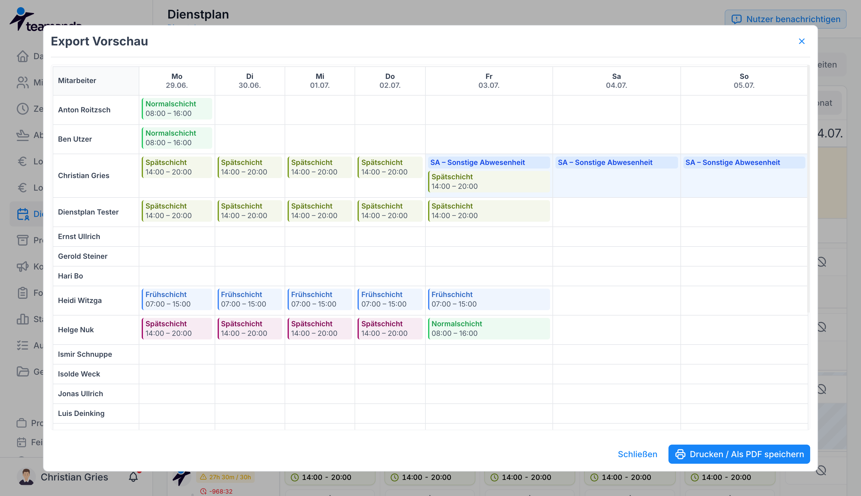 Dienstplan exportieren