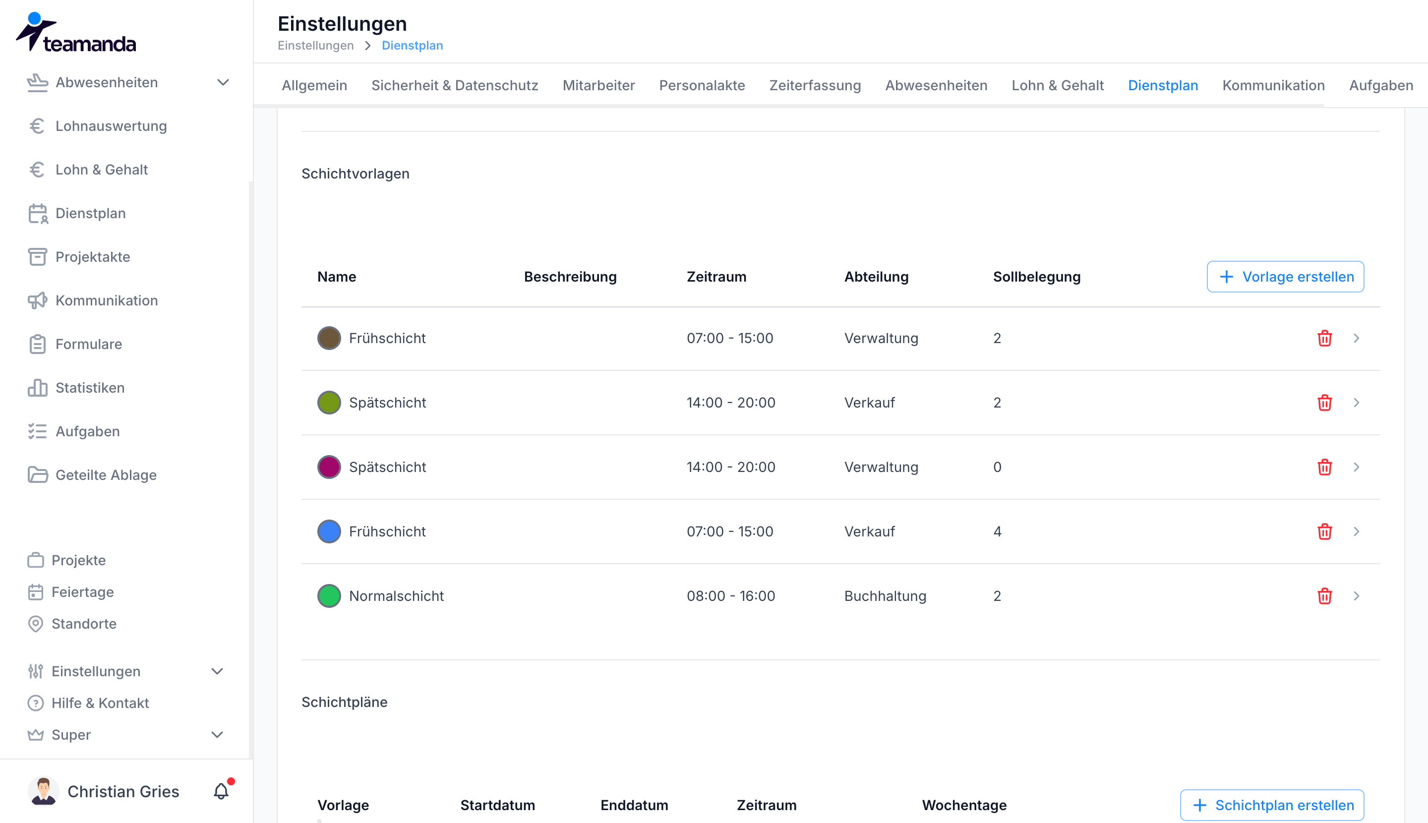 Schichtvorlage verwalten