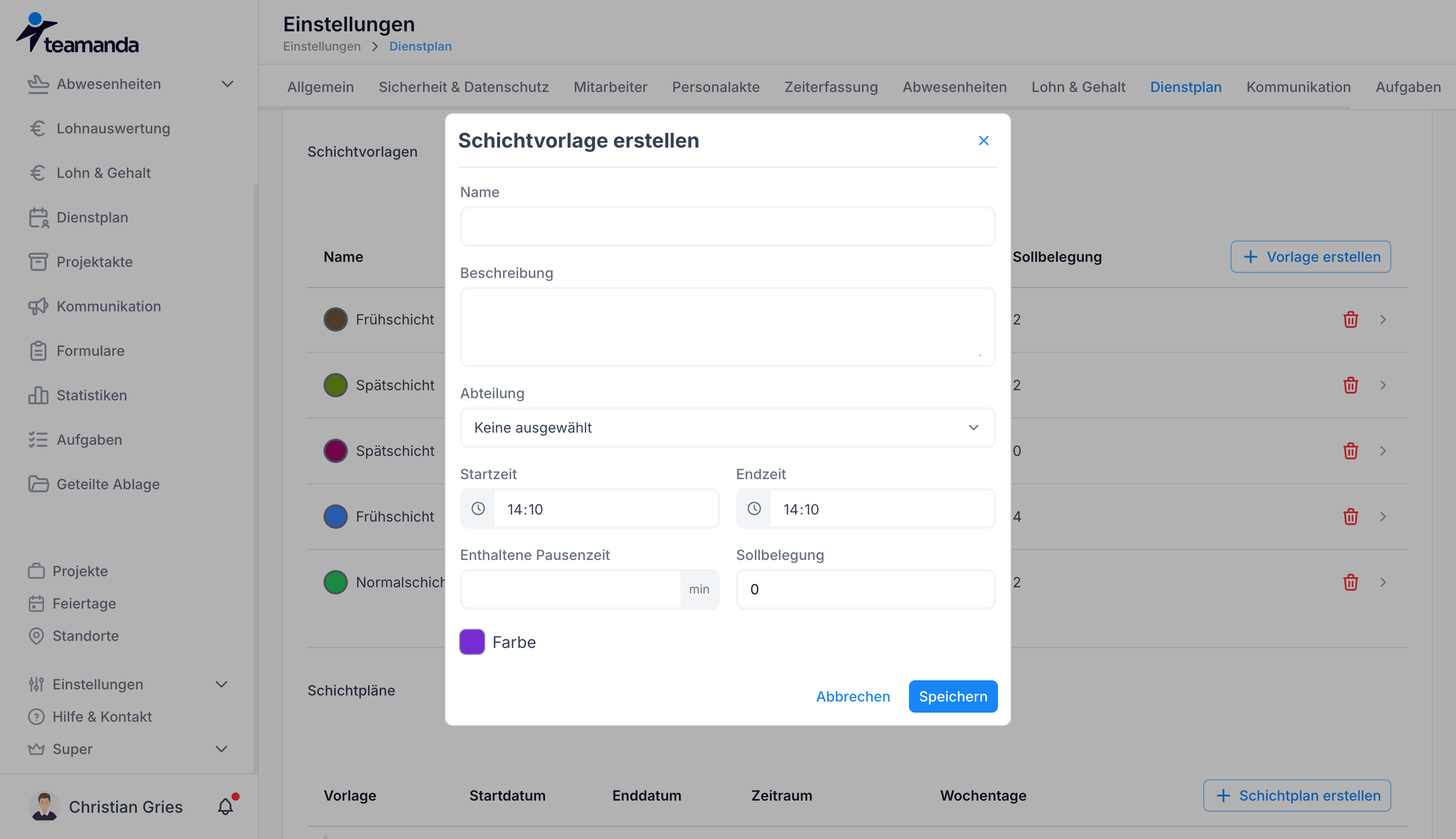 Schichtvorlage erstellen
