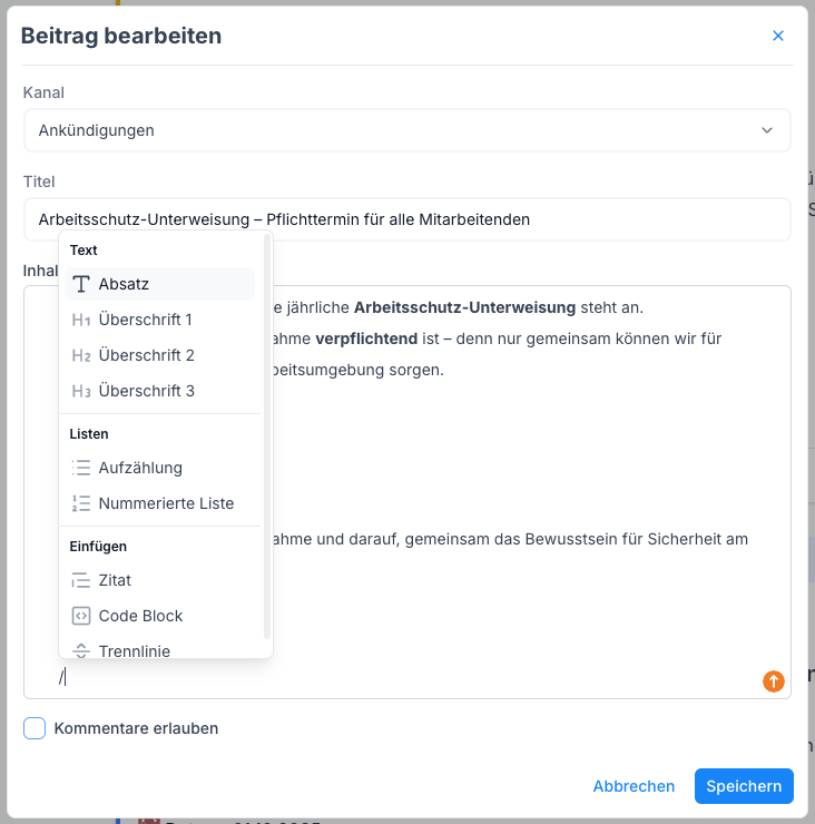 Web Beitrag erstellen Editor