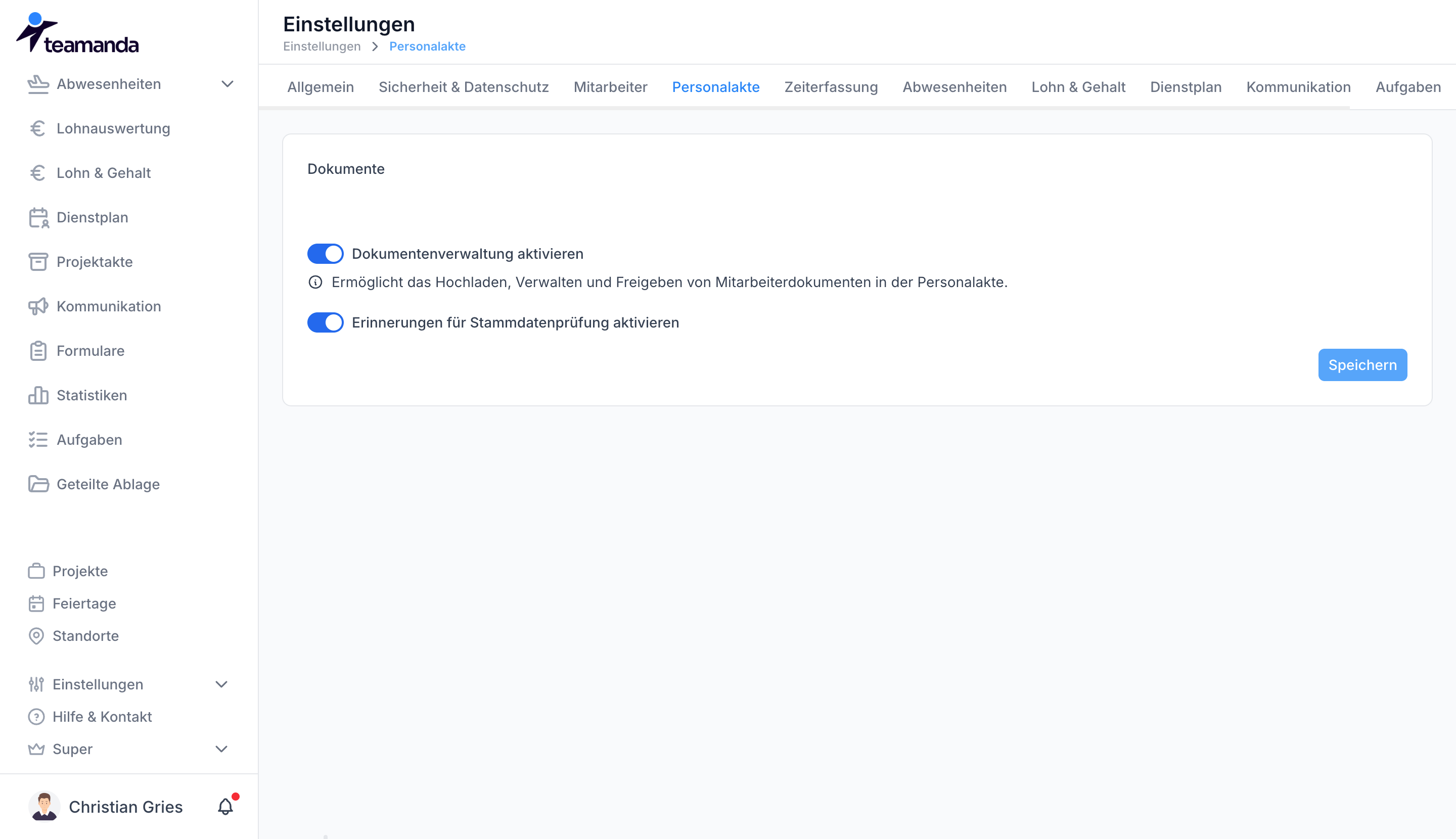 Einstellungen Personalakte