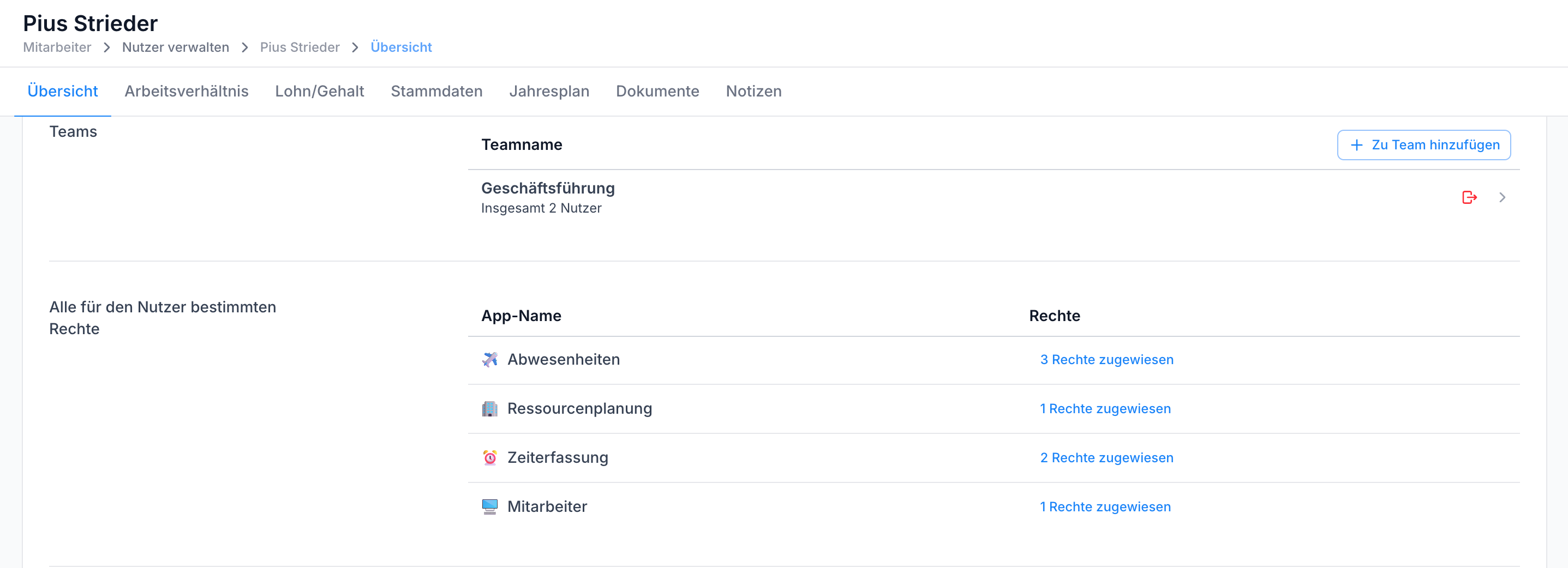 Berechtigungen eines Nutzers in der Mitarbeiterübersicht