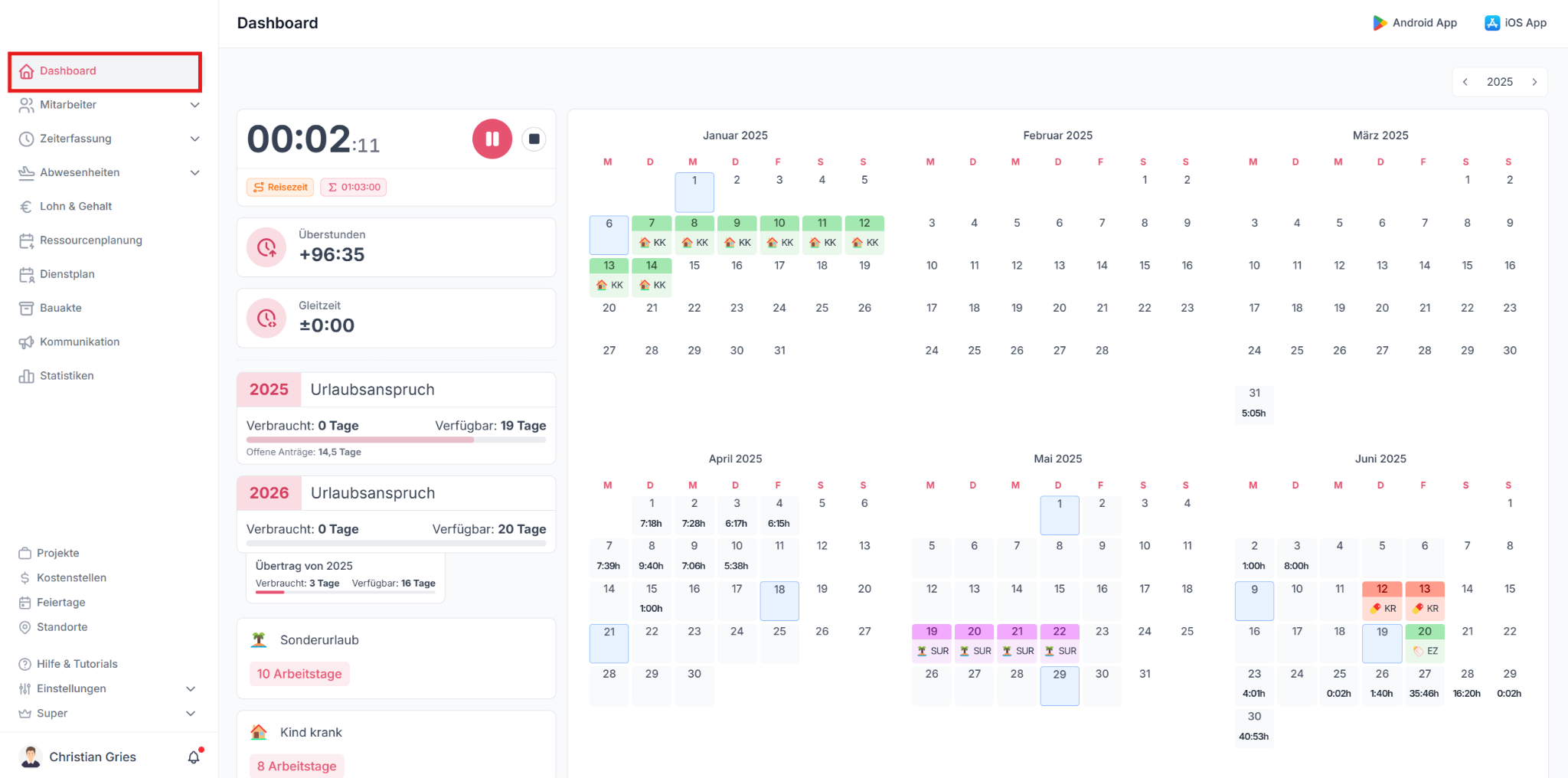 Dashboard mit Zeiterfassungs-Controls