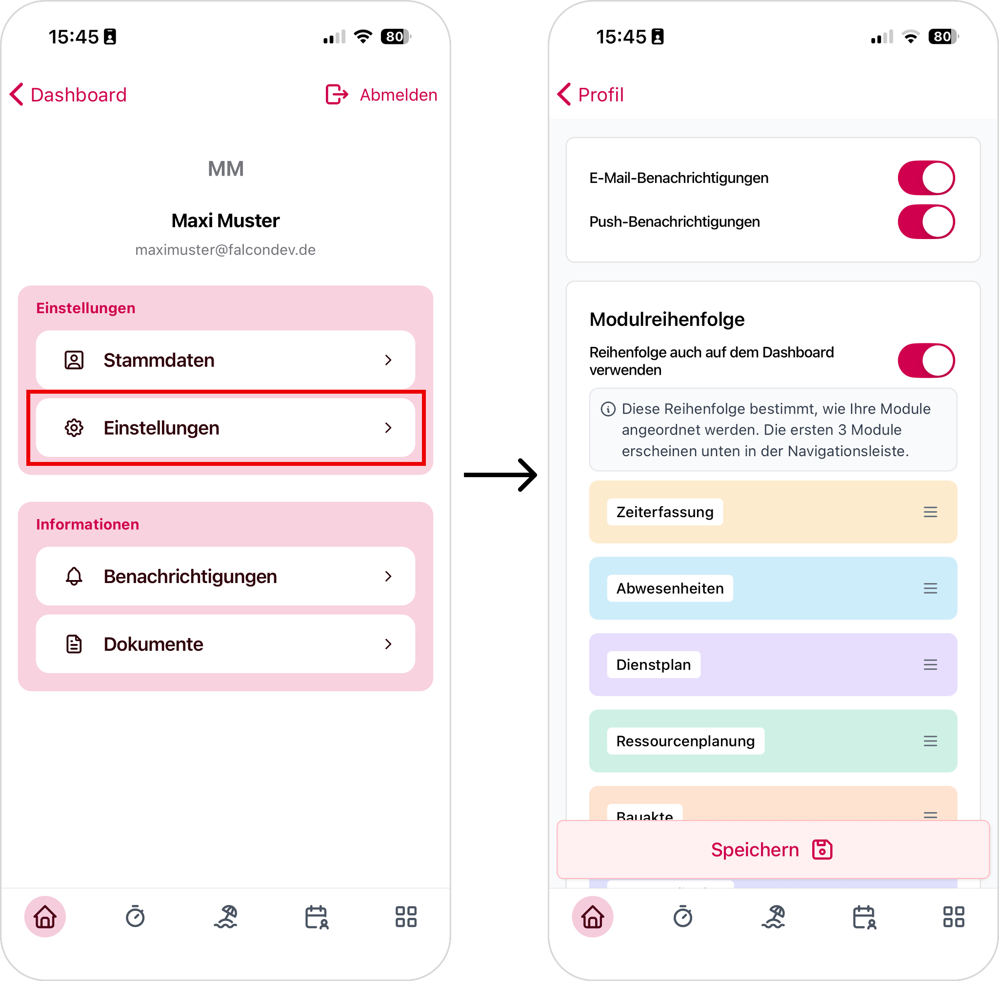 App-Navigation mit Zeiterfassung