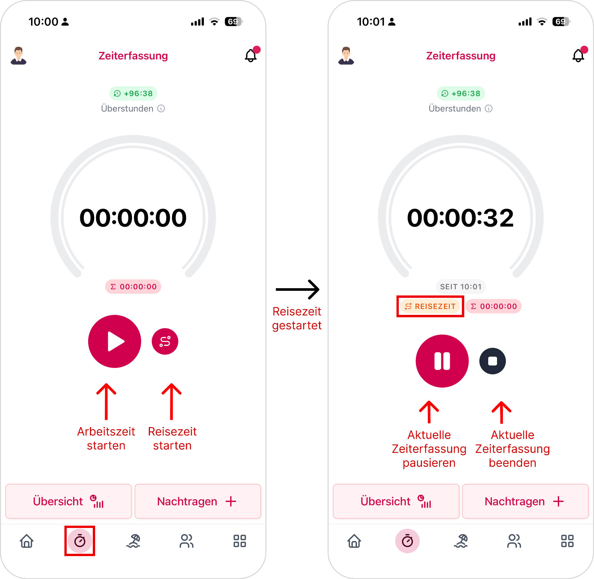 Arbeitszeit und Reisezeit in der App